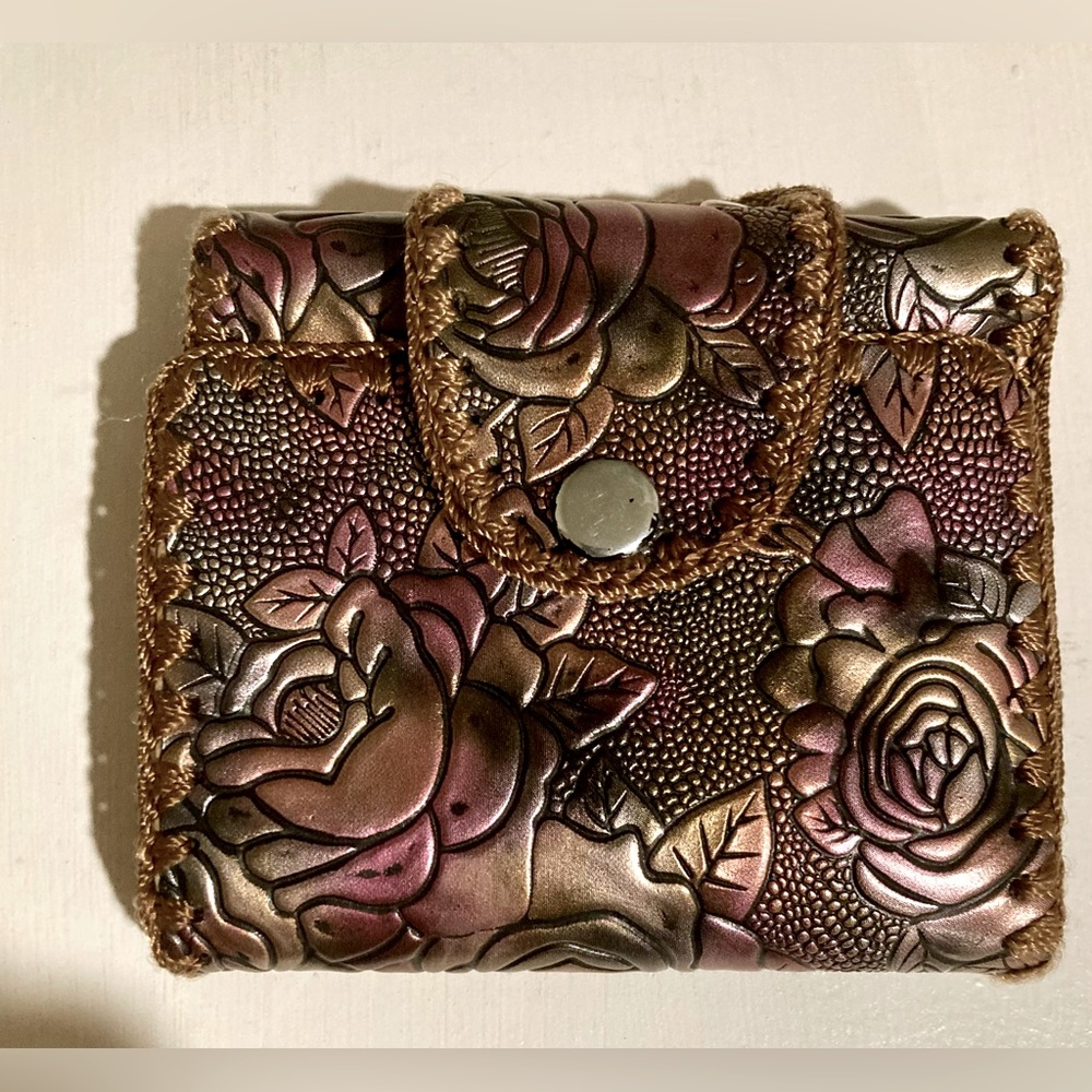 Embossed leather purple vintage floral trifold wallet with tweety print